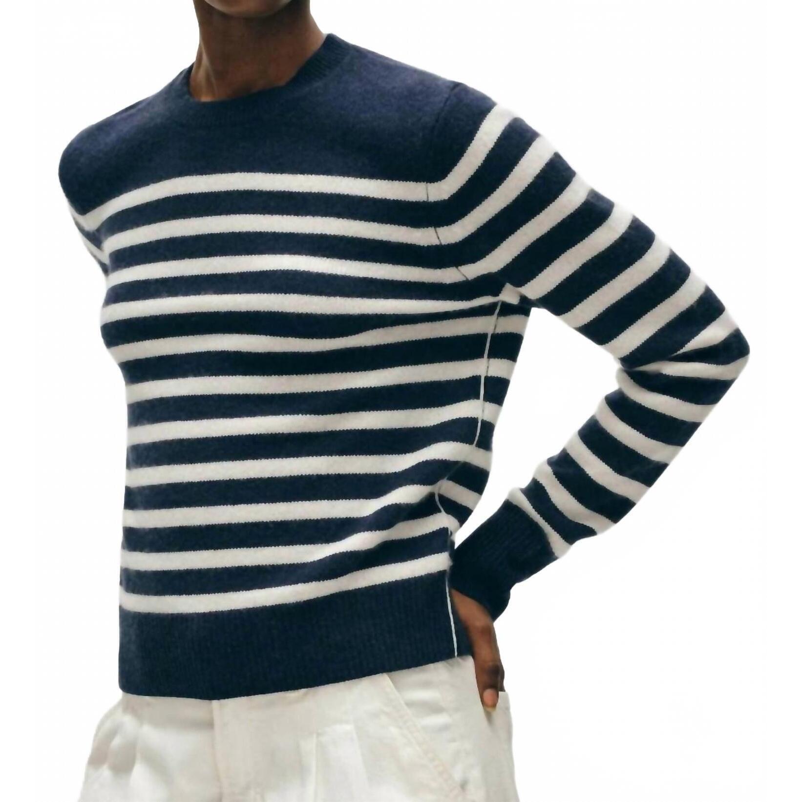 New White + Warren Cashmere Striped Crewneck Sweater In Deep Navy/Soft White